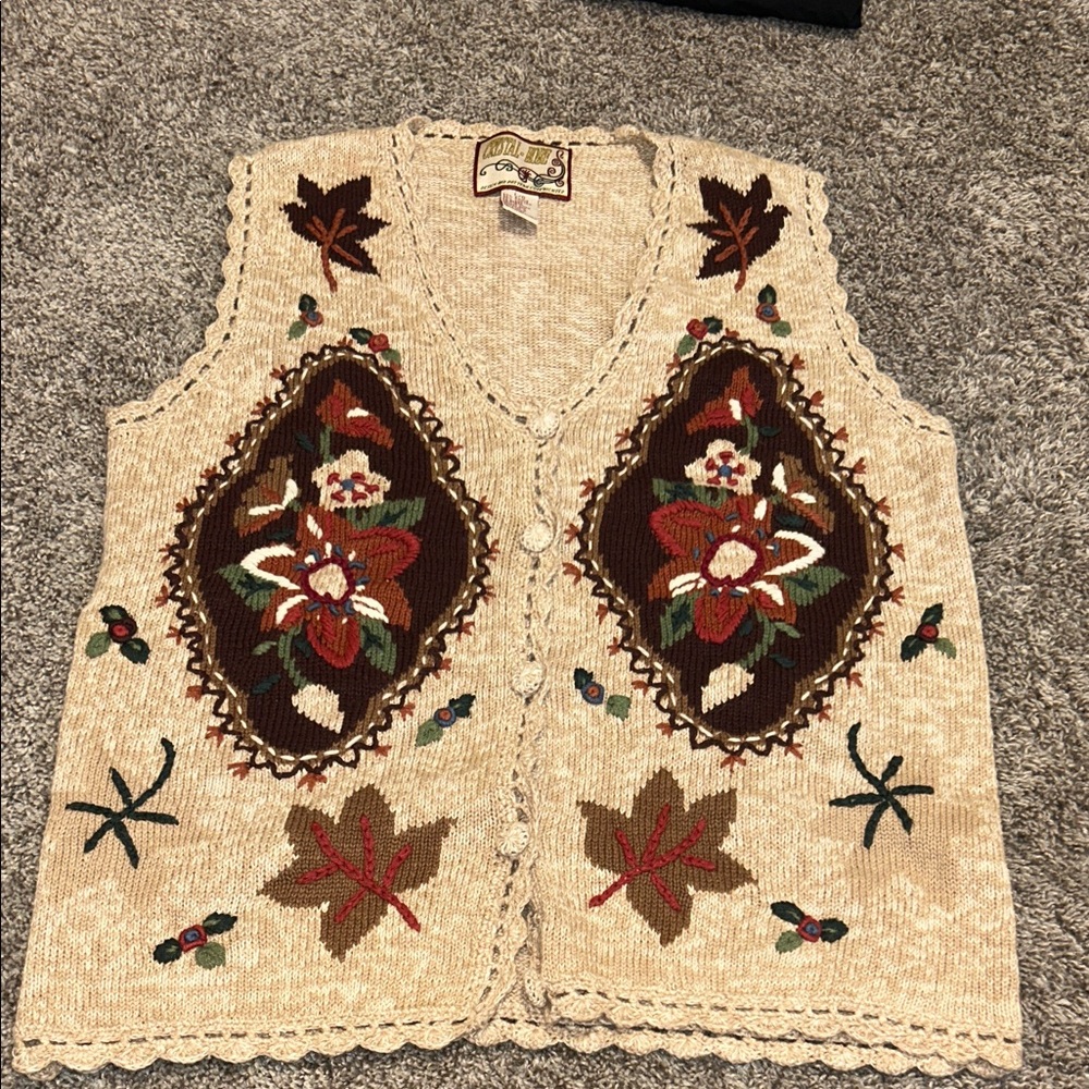 Crystal-Kobe Vintage Knit Sweater Vest – Fall Floral Leaves Large